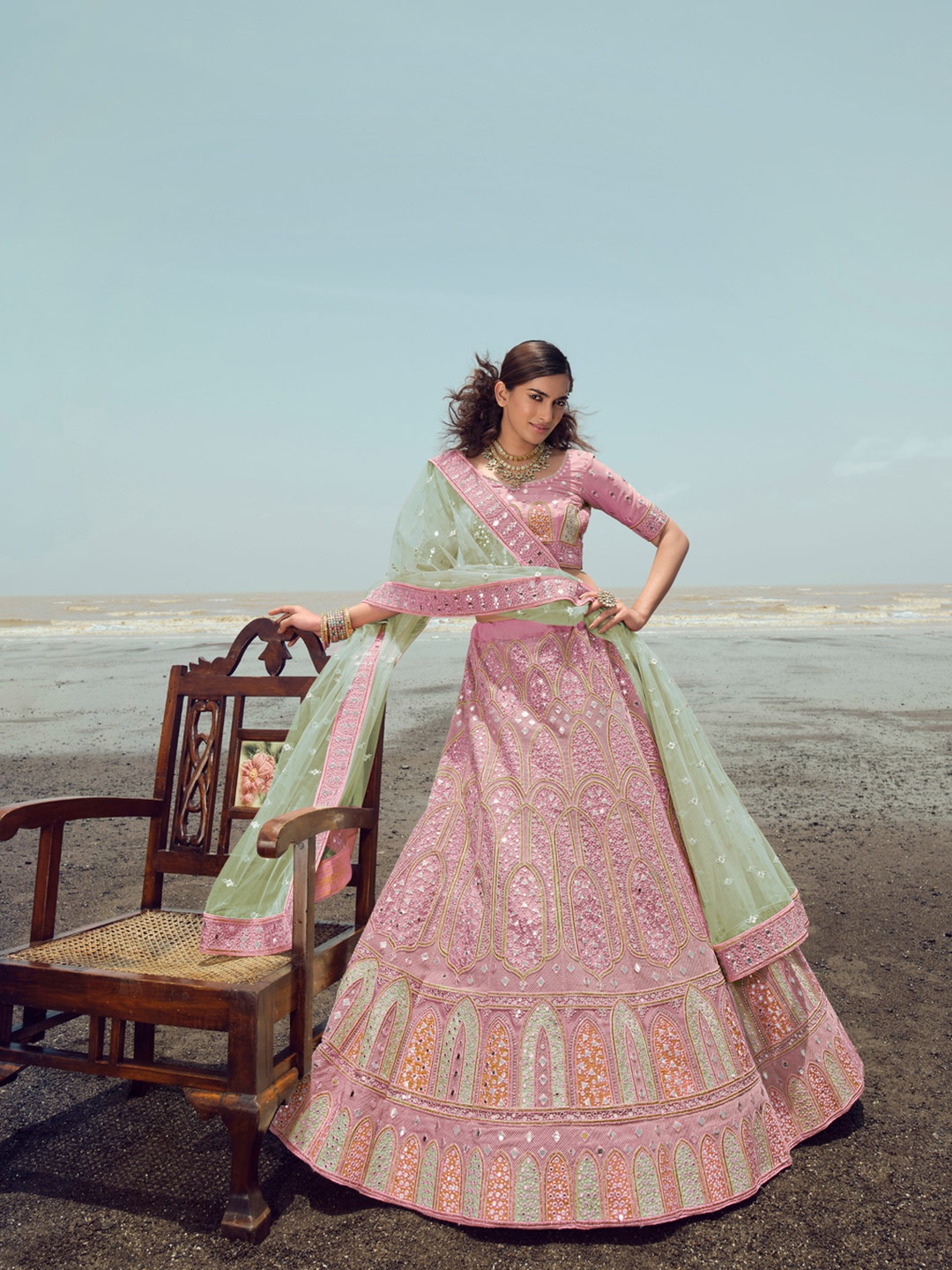 

Fusionic Embroidered Mirror Work Semi-Stitched Lehenga & Unstitched Blouse With Dupatta, Pink