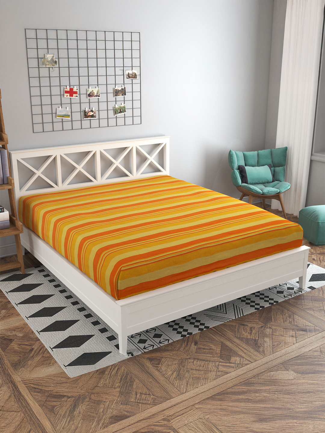 

RANGBHAR Yellow & Orange Striped Cotton Double Bedcover