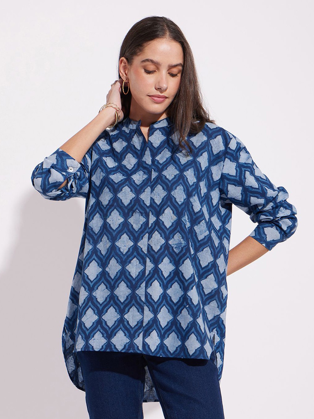 

Pink Fort Women Abstract Printed Mandarin Collar Cotton Top, Blue