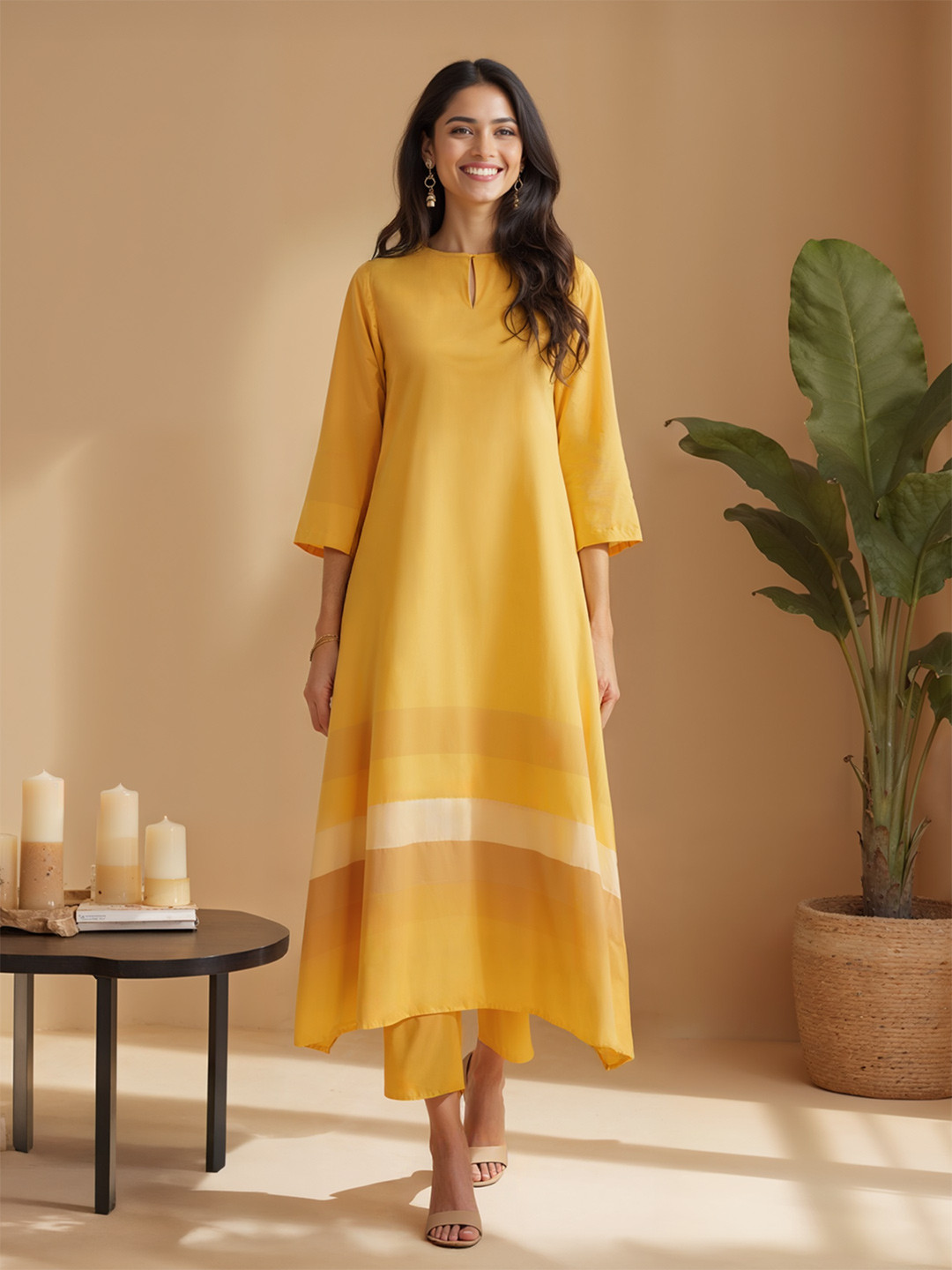 Pink Fort Striped Pure Cotton A-Line Fusion Kurta With Trousers