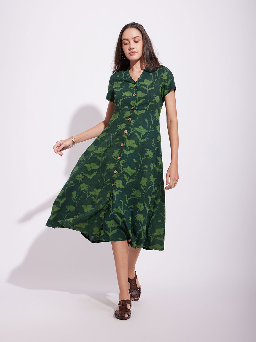 

Pink Fort Women Floral Printed A-Line Midi Dress, Green