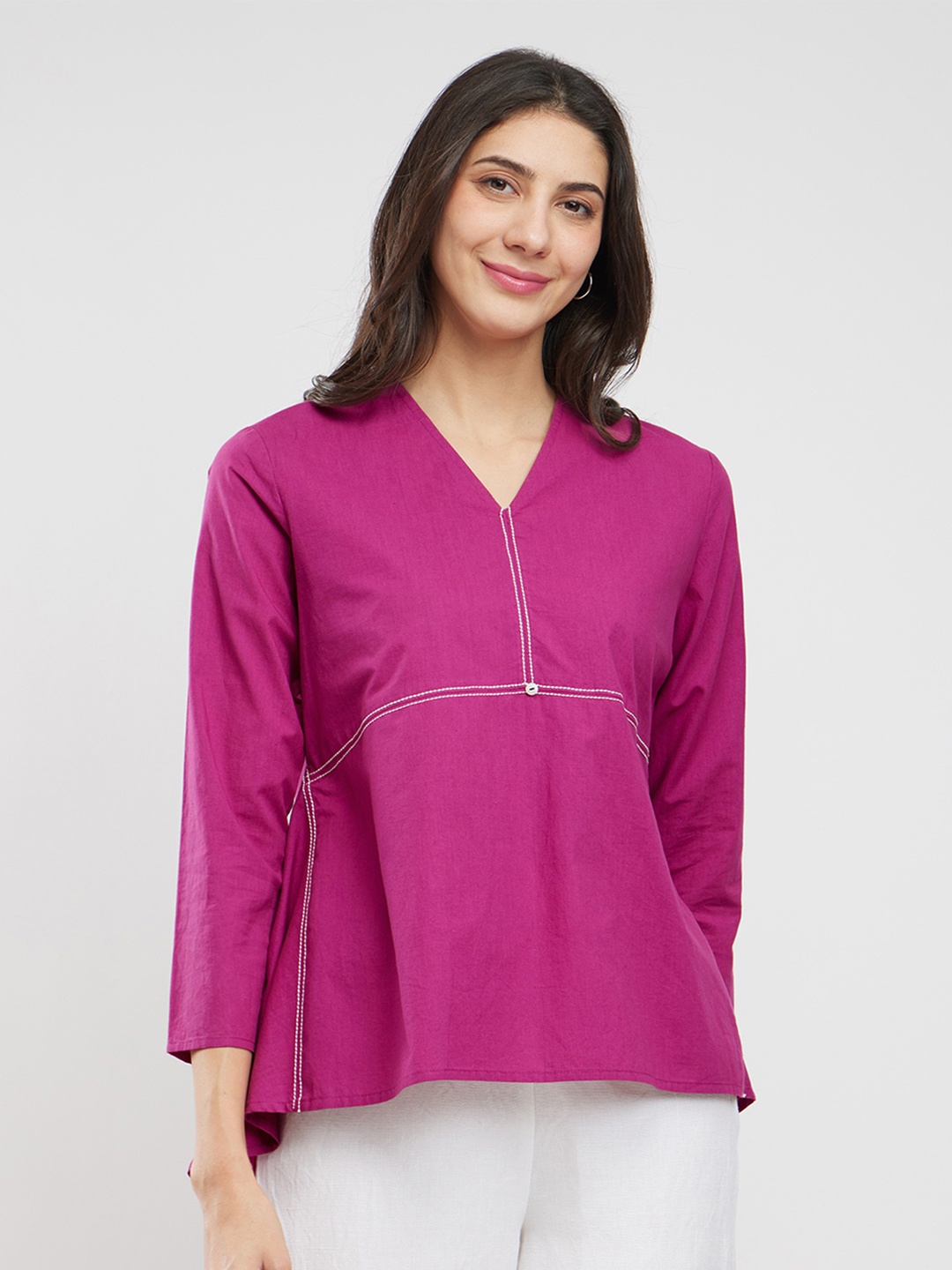 

Pink Fort Women Solid V-Neck Cotton Top, Purple