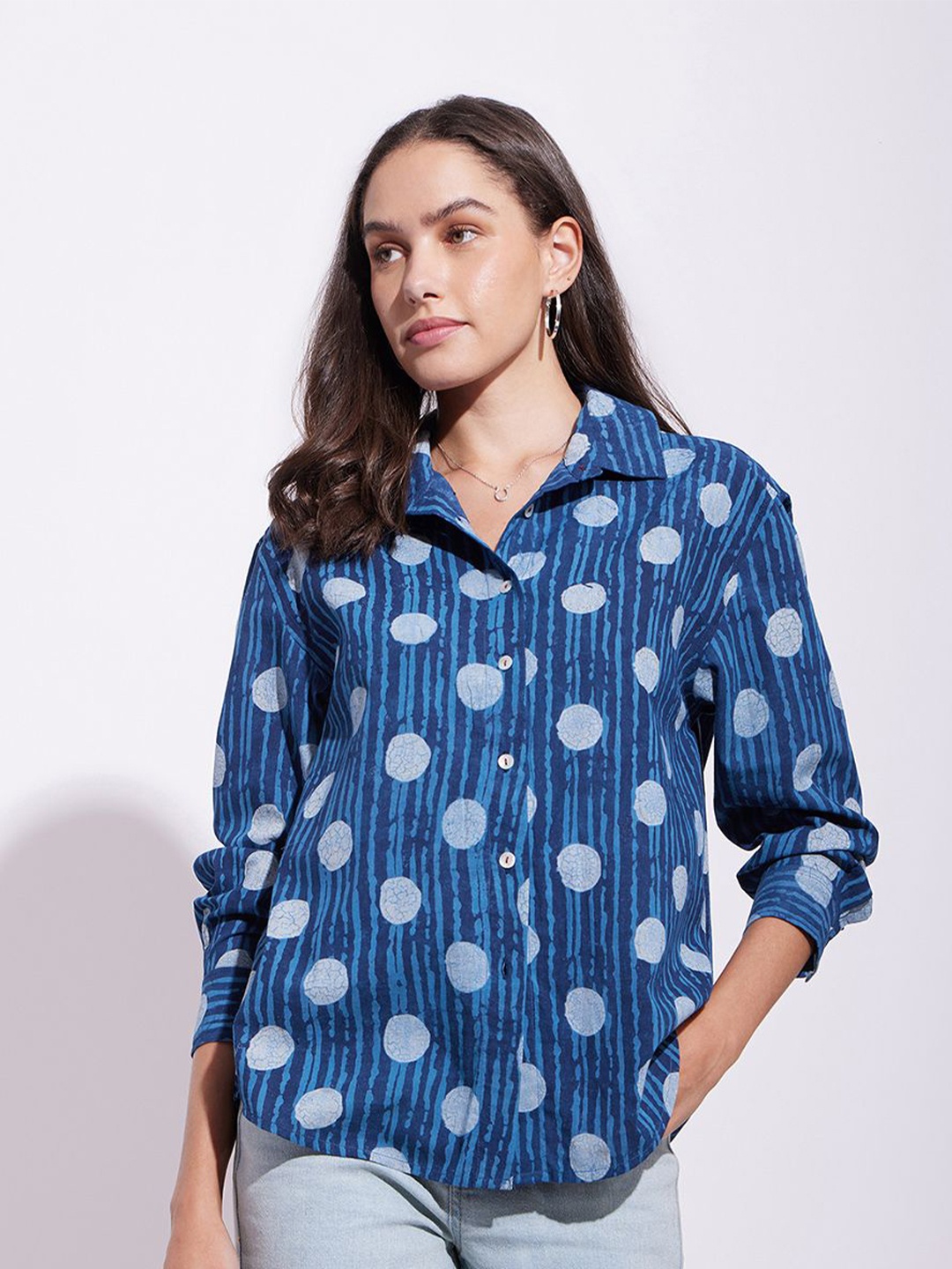

Pink Fort Women Polka Dots Printed Shirt Collar Cotton Top, Blue