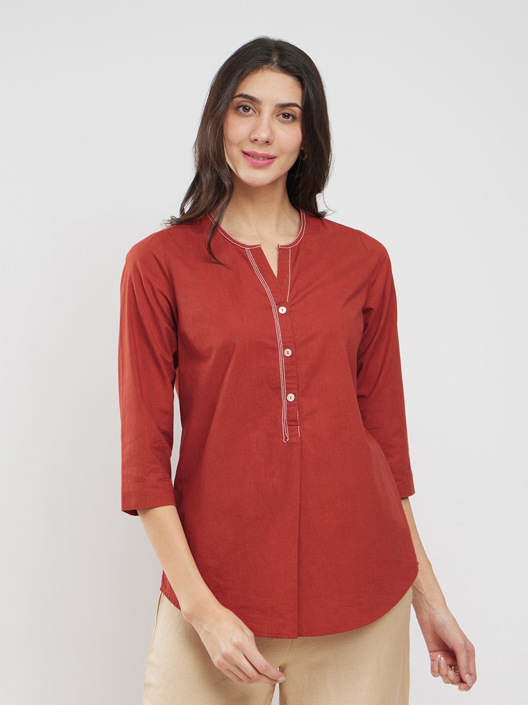 

Pink Fort Women Solid Round Neck Cotton Top, Rust