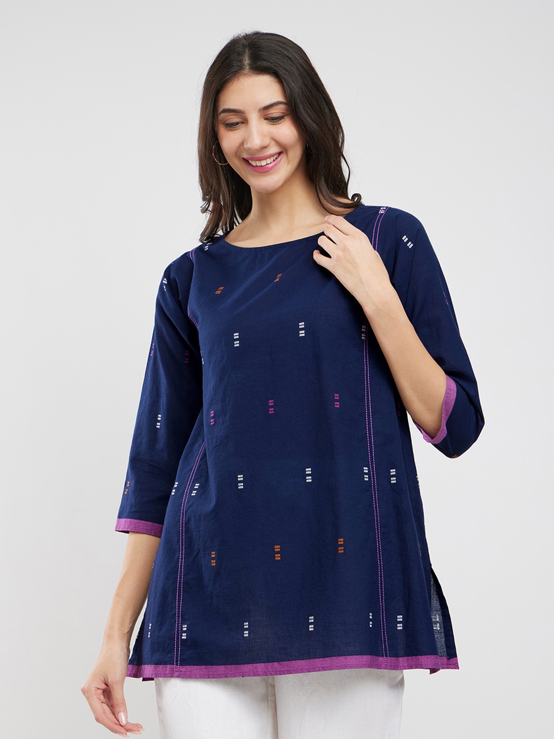 

Pink Fort Women Conversational Printed Boat Neck Cotton Top, Navy blue