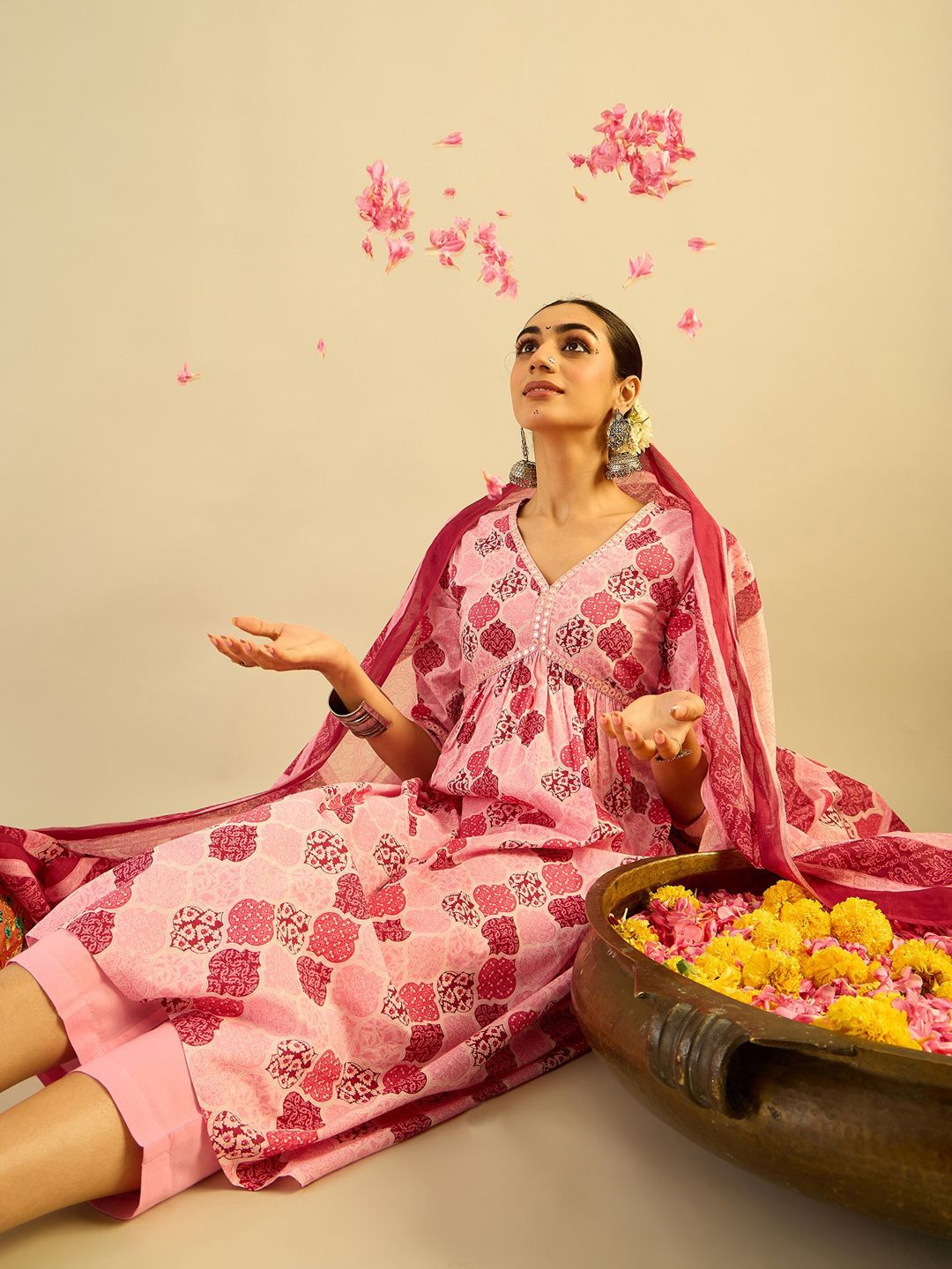 

Indo Era Printed Mirror Work Pure Cotton Kurta With Trousers & Dupatta, Pink
