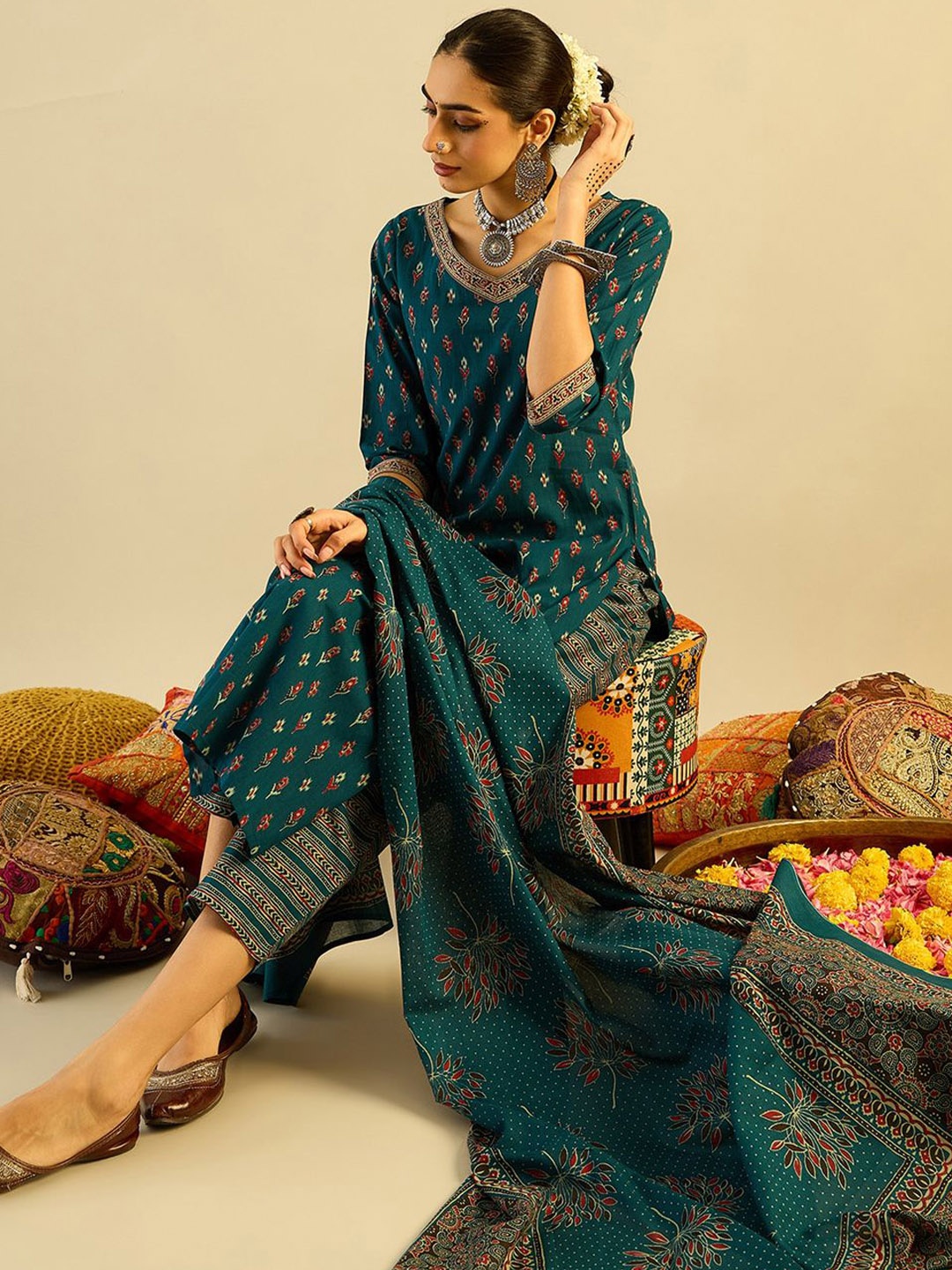 

Indo Era Ethnic Motifs Printed Pure Cotton Kurta With Trousers & Dupatta, Teal