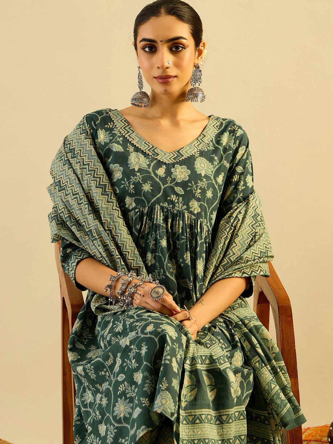 

Indo Era Green Floral Printed V-Neck Pure Cotton A-Line Kurta with Trousers & Dupatta