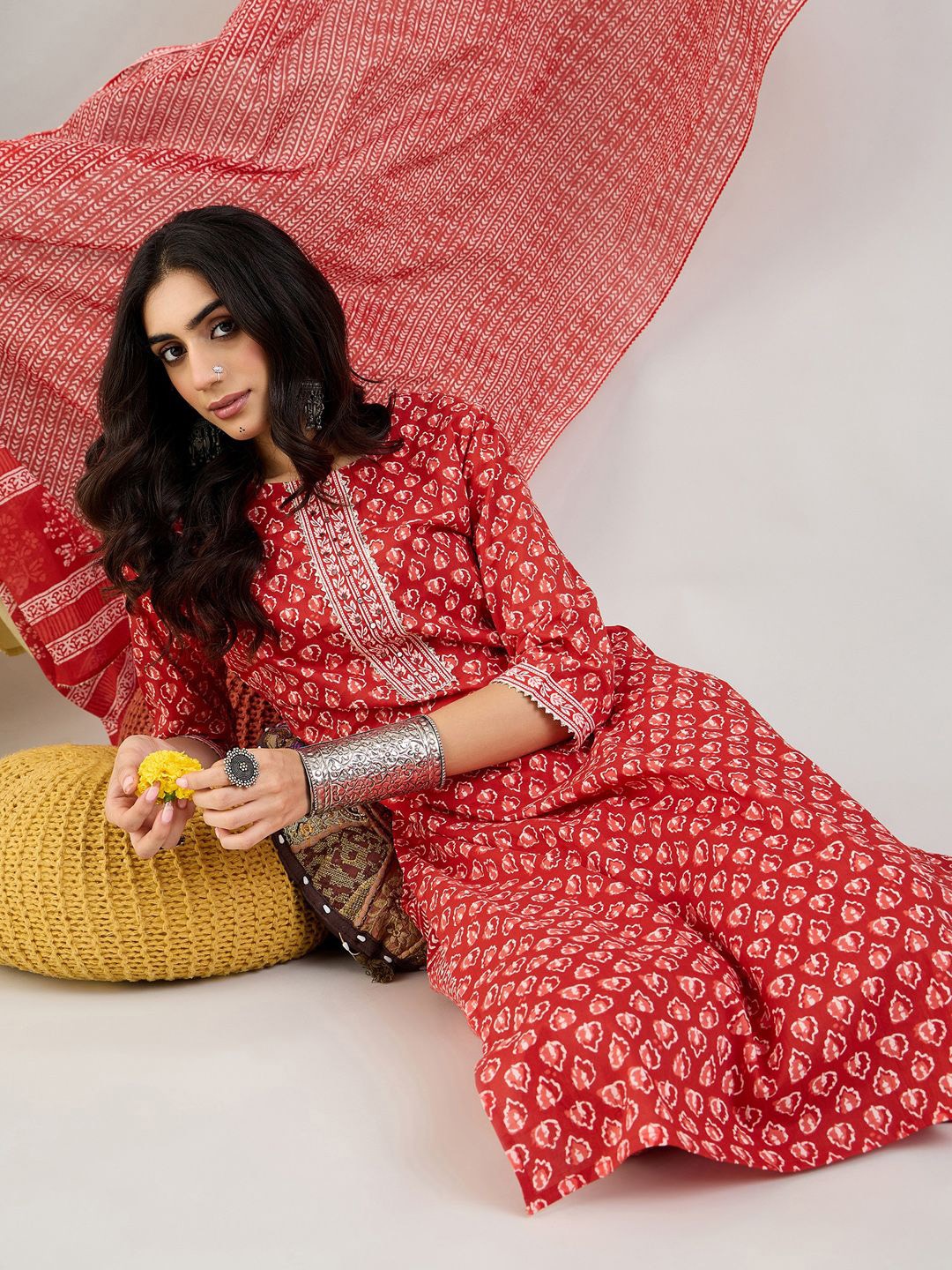 

Indo Era Ethnic Motifs Printed Pure Cotton Straight Kurta With Trousers & Dupatta, Red