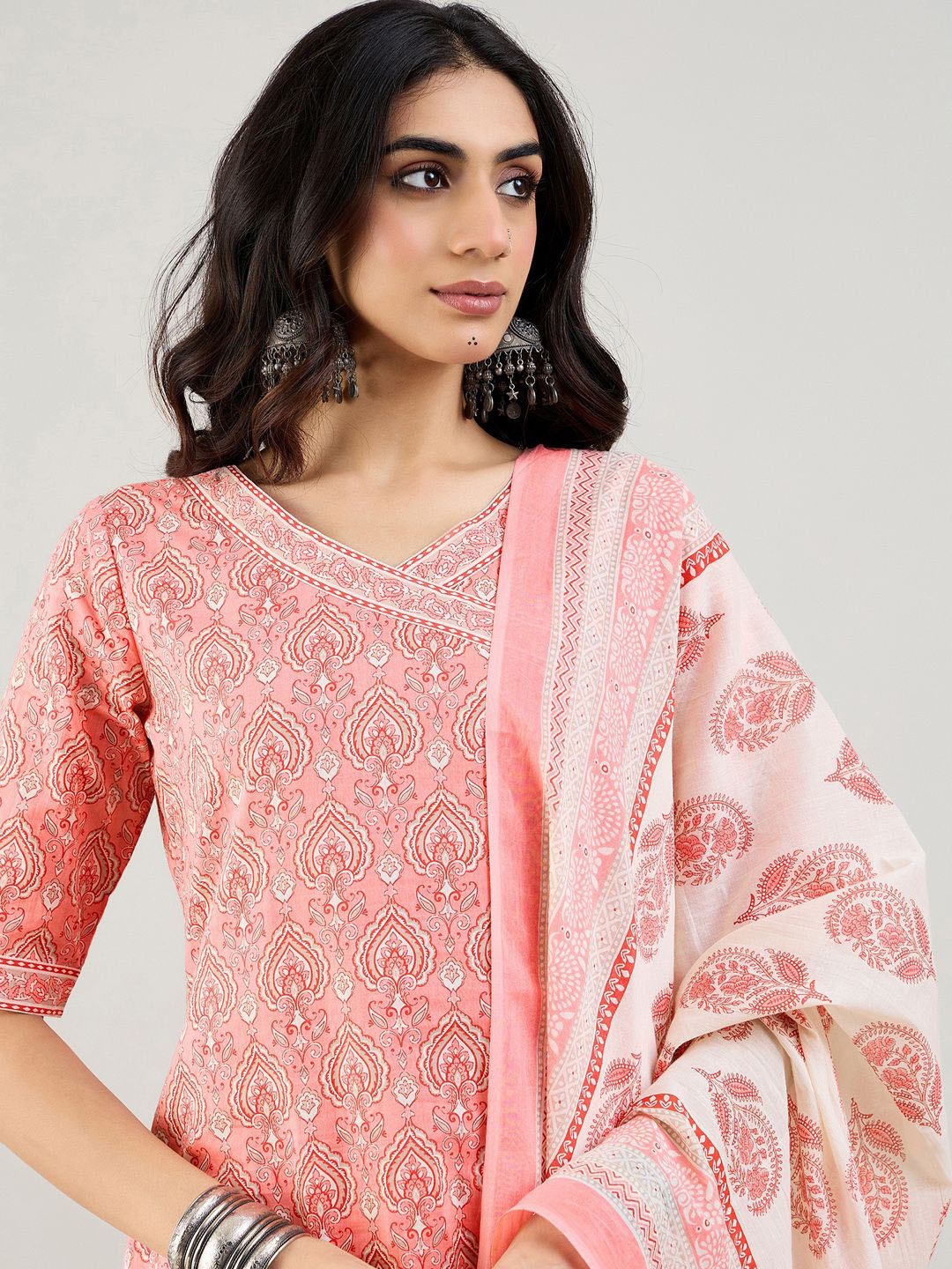 

Indo Era Ethnic Motifs Printed Angrakha Pure Cotton Kurta With Trousers & Dupatta, Pink