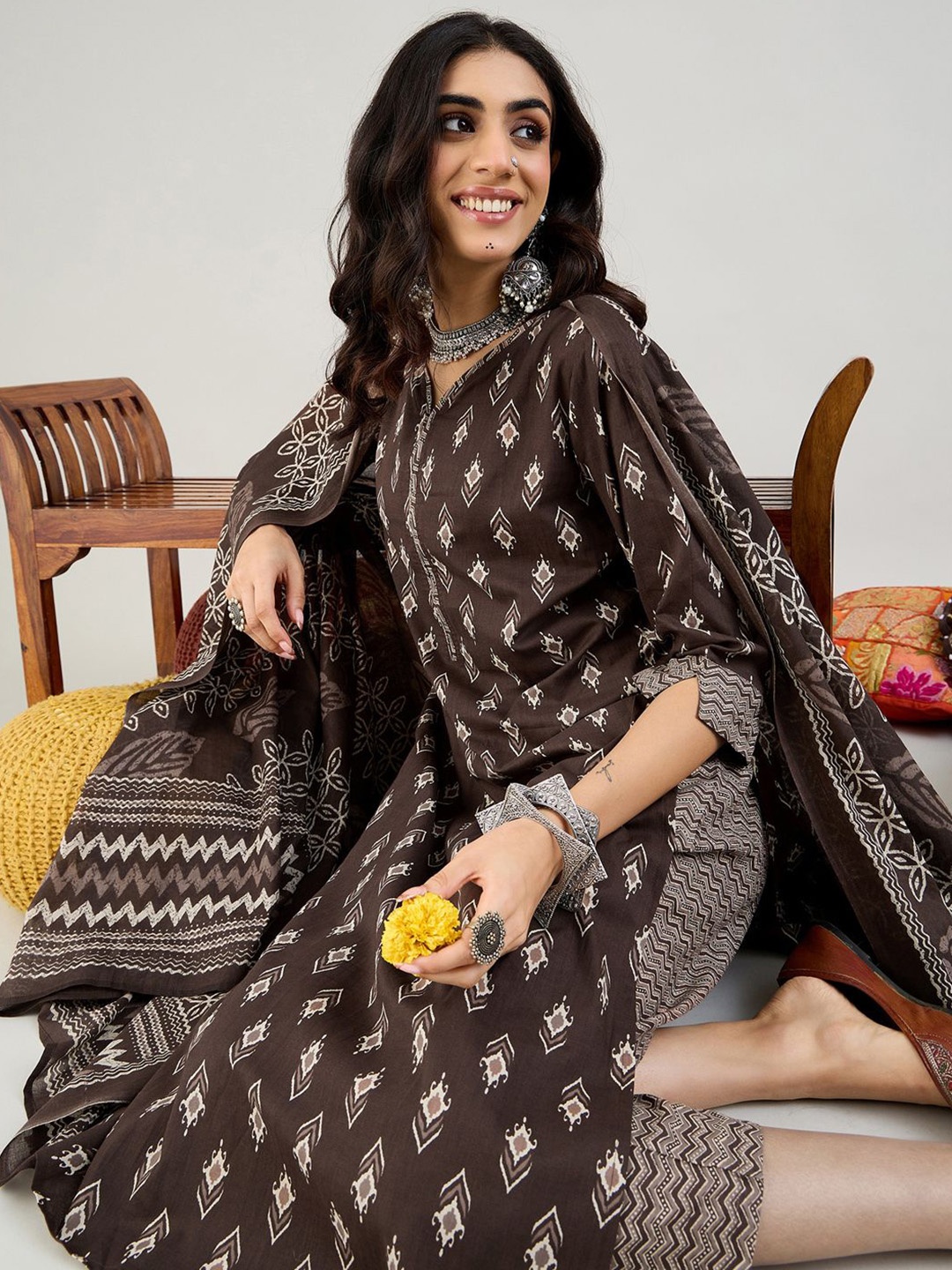 

Indo Era Ethnic Motifs Printed Pure Cotton Kurta With Trousers & Dupatta, Brown