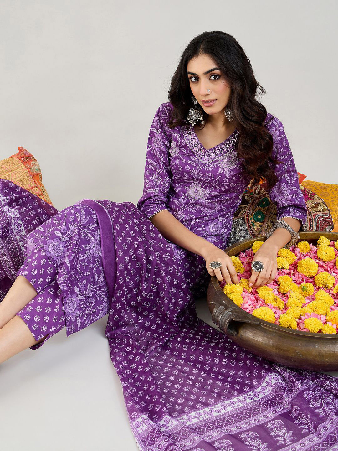 

Indo Era Floral Printed Pure Cotton Kurta With Trousers & Dupatta, Purple