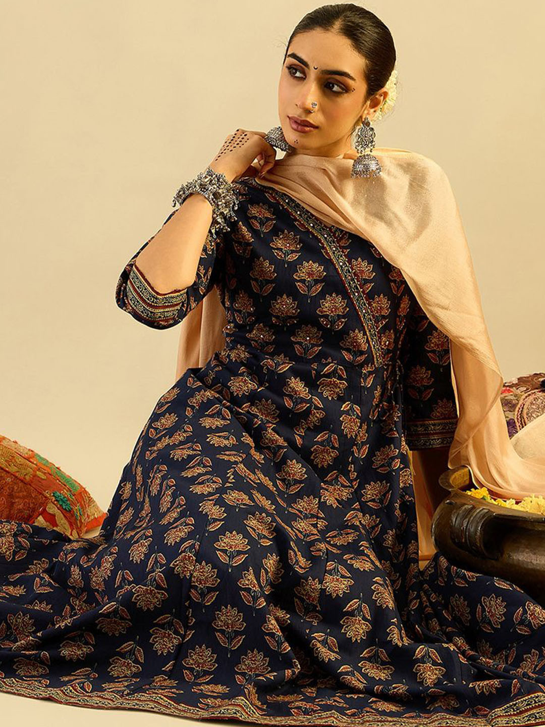 

Indo Era Navy Blue Floral Printed Mirror Work Pure Cotton Kurta with Trousers & Dupatta