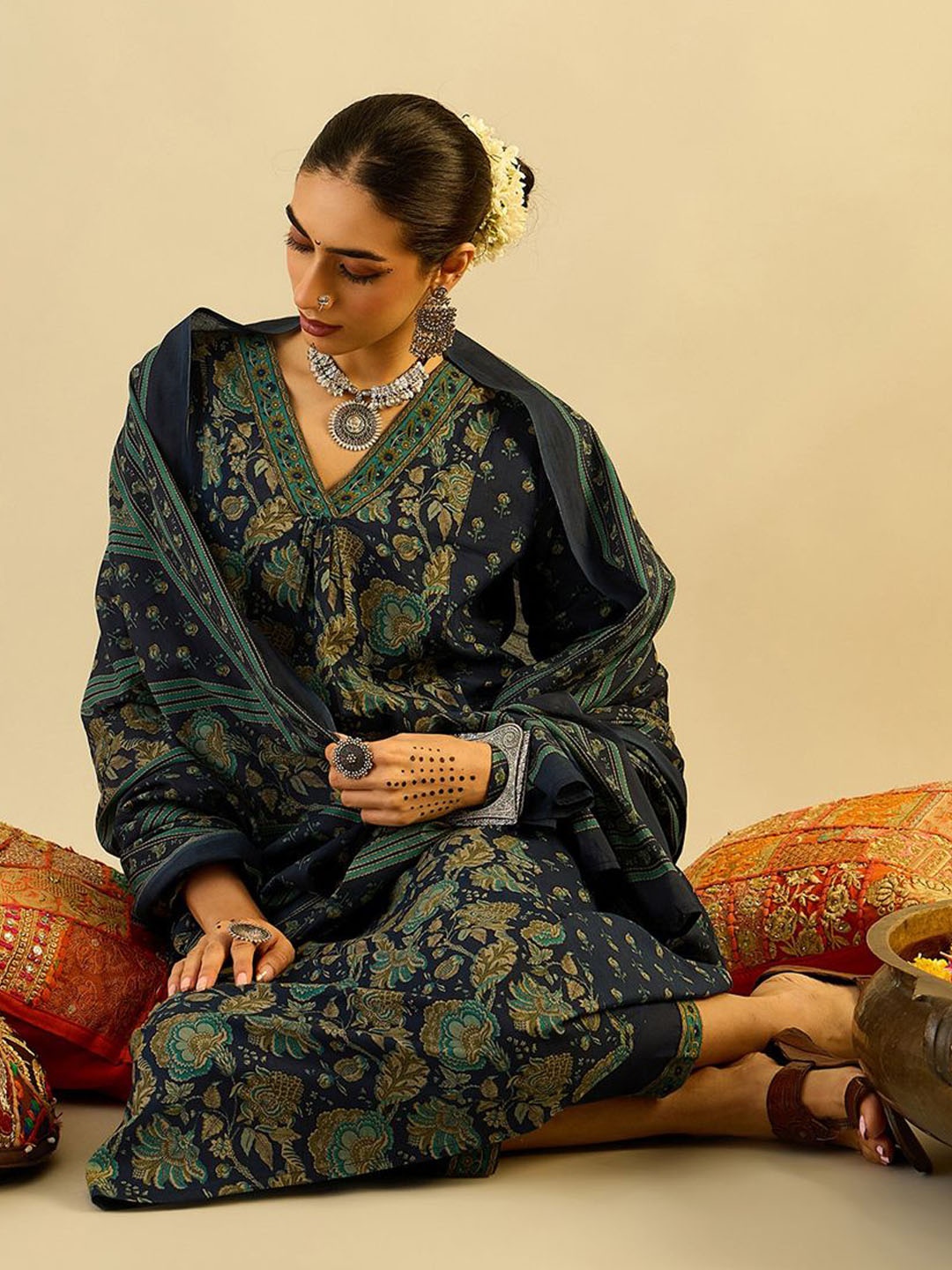 

Indo Era Floral Printed Pleated Pure Cotton Kurta With Trousers & Dupatta, Blue