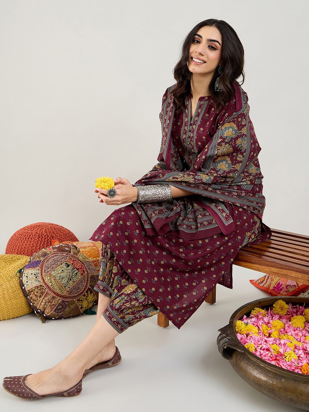 

Indo Era Burgundy Floral Printed Mandarin Collar Pure Cotton Kurta with Salwar & Dupatta