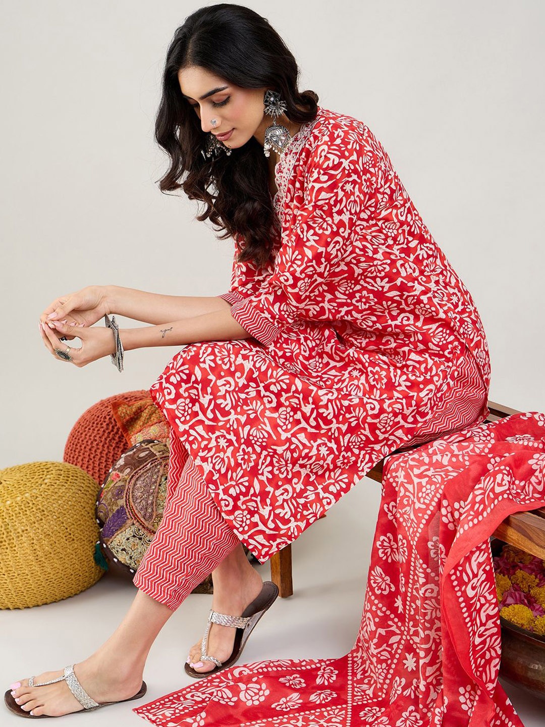 

Indo Era Floral Printed Straight Kurta With Trousers & Dupatta, Red