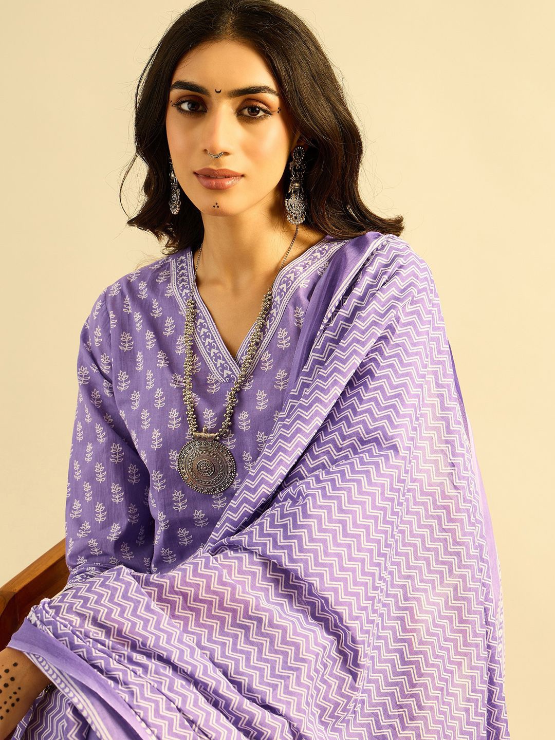 

Indo Era Floral Printed Pure Cotton Kurta With Trousers & Dupatta, Lavender