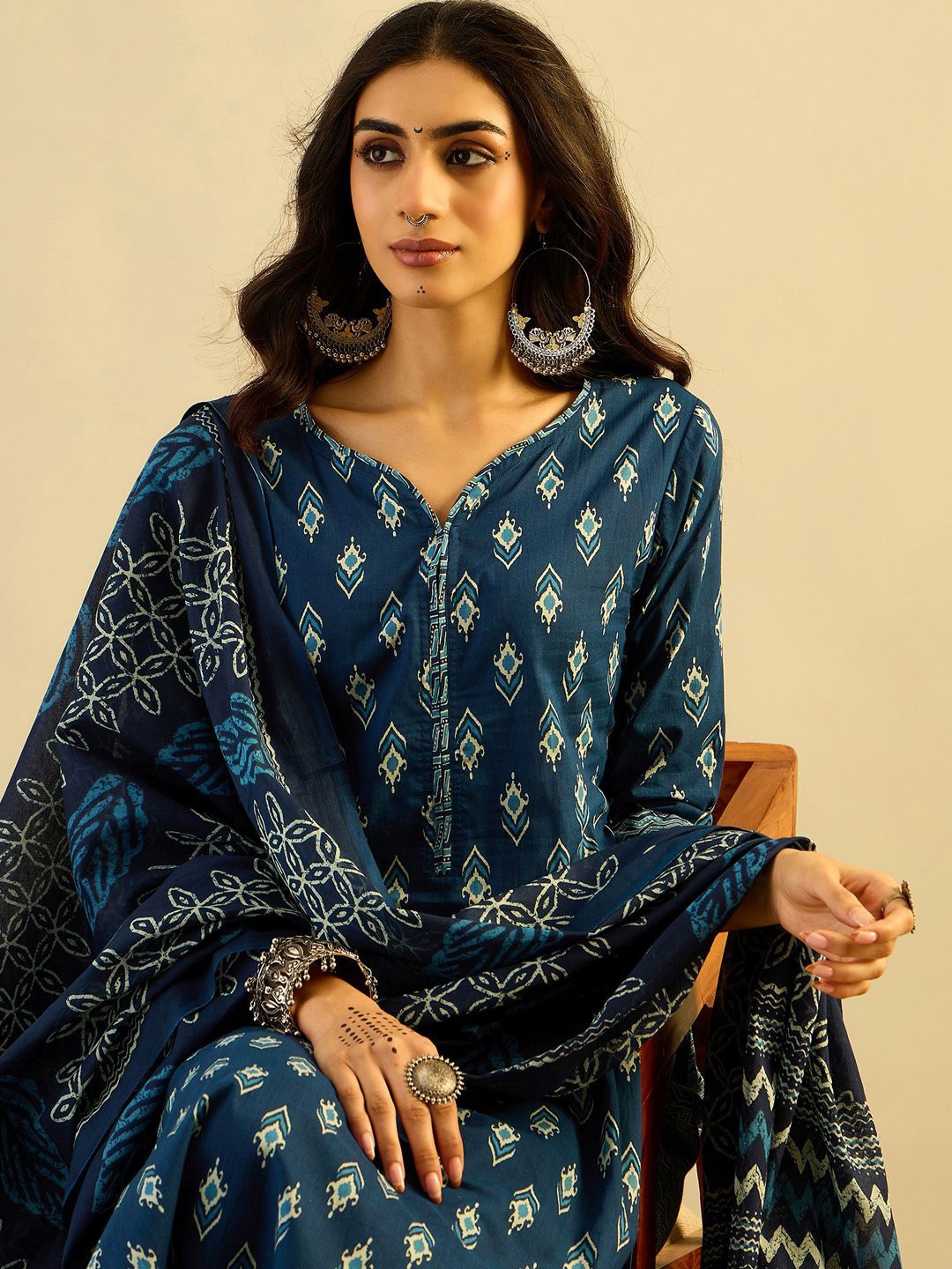 

Indo Era Teal blue Ethnic Motifs Printed Pure Cotton Kurta with Trouser & Dupatta