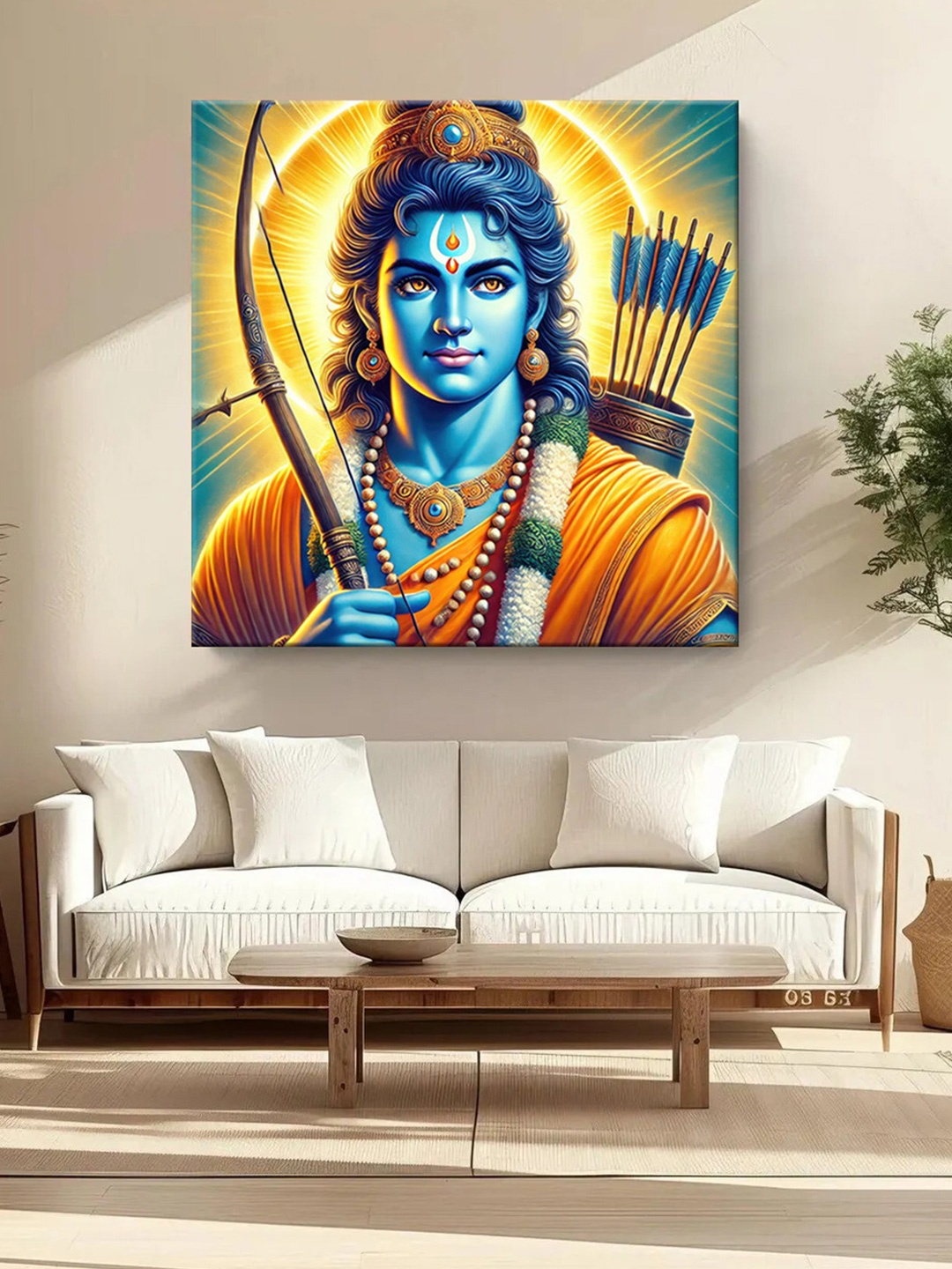 

999Store Orange & Blue Vibrant Lord Rama Canvas Religious Wall Painting
