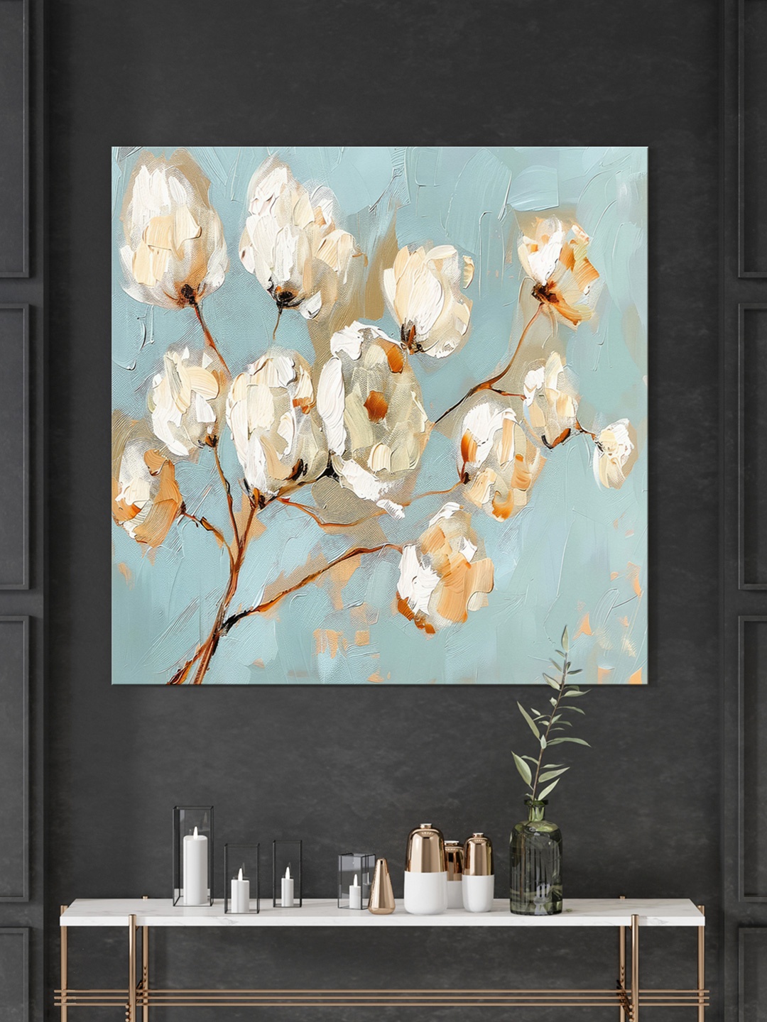 

999Store Blue & Beige Canvas Floral Wall Painting