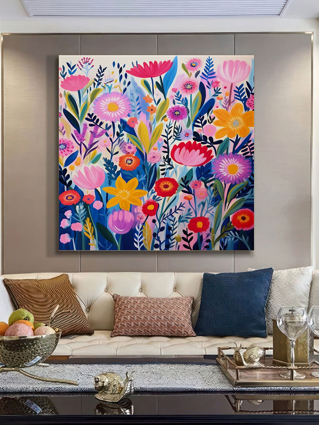 999Store Blue & Pink Floral Canvas Wall Paintings