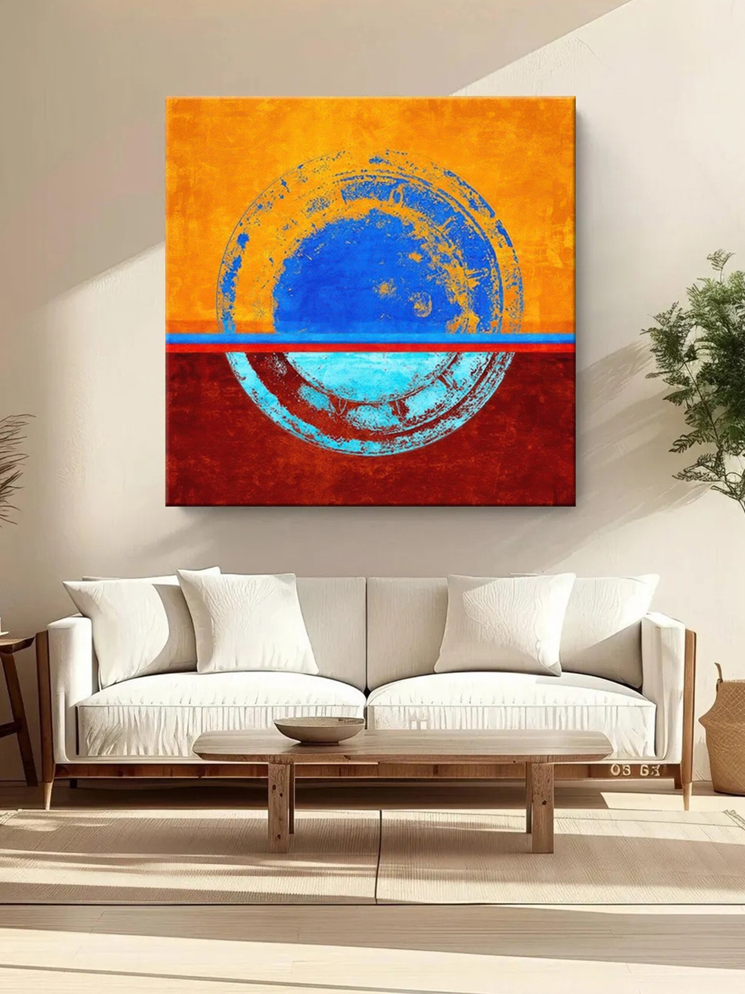 

999Store Orange Coloured & Blue Minimalist Abstract Circle Canvas Wall Paintings