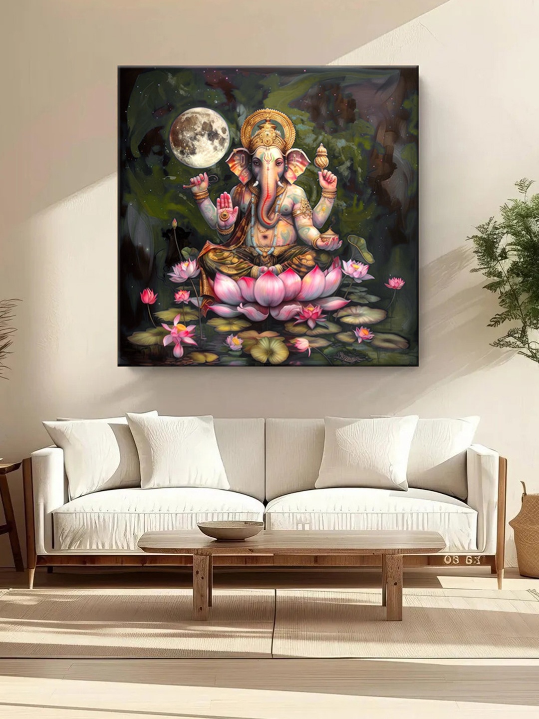 

999Store Green & Pink Ganesha's Infinite Grace Canvas Religious Wall Painting