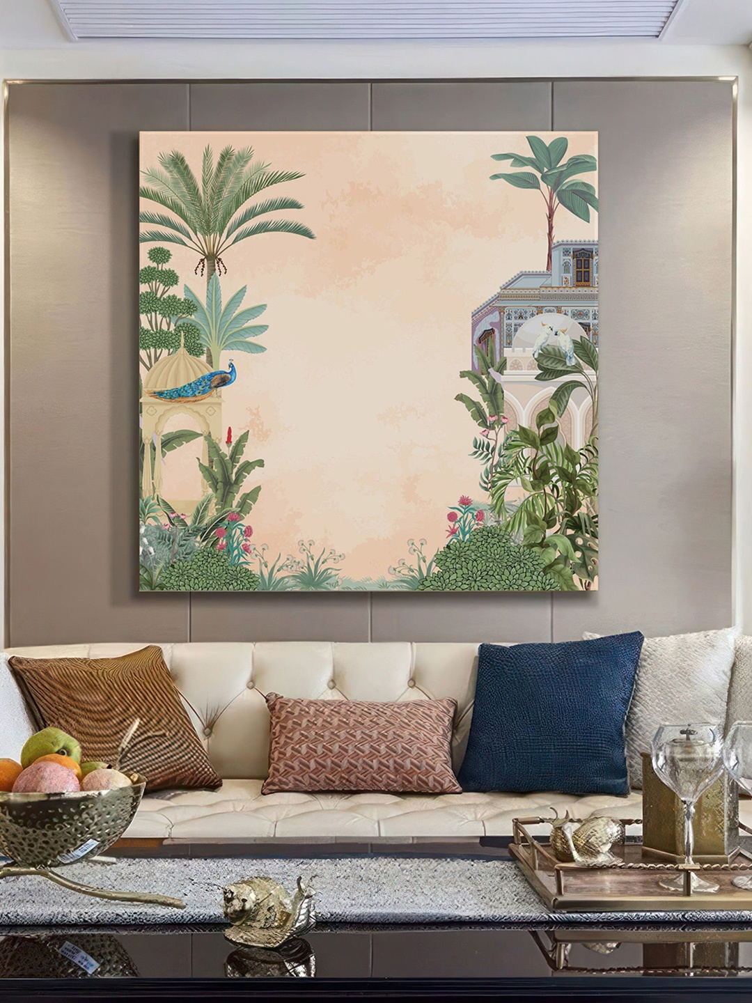 

999Store Beige & Green Canvas Floral and Botanical Wall Painting