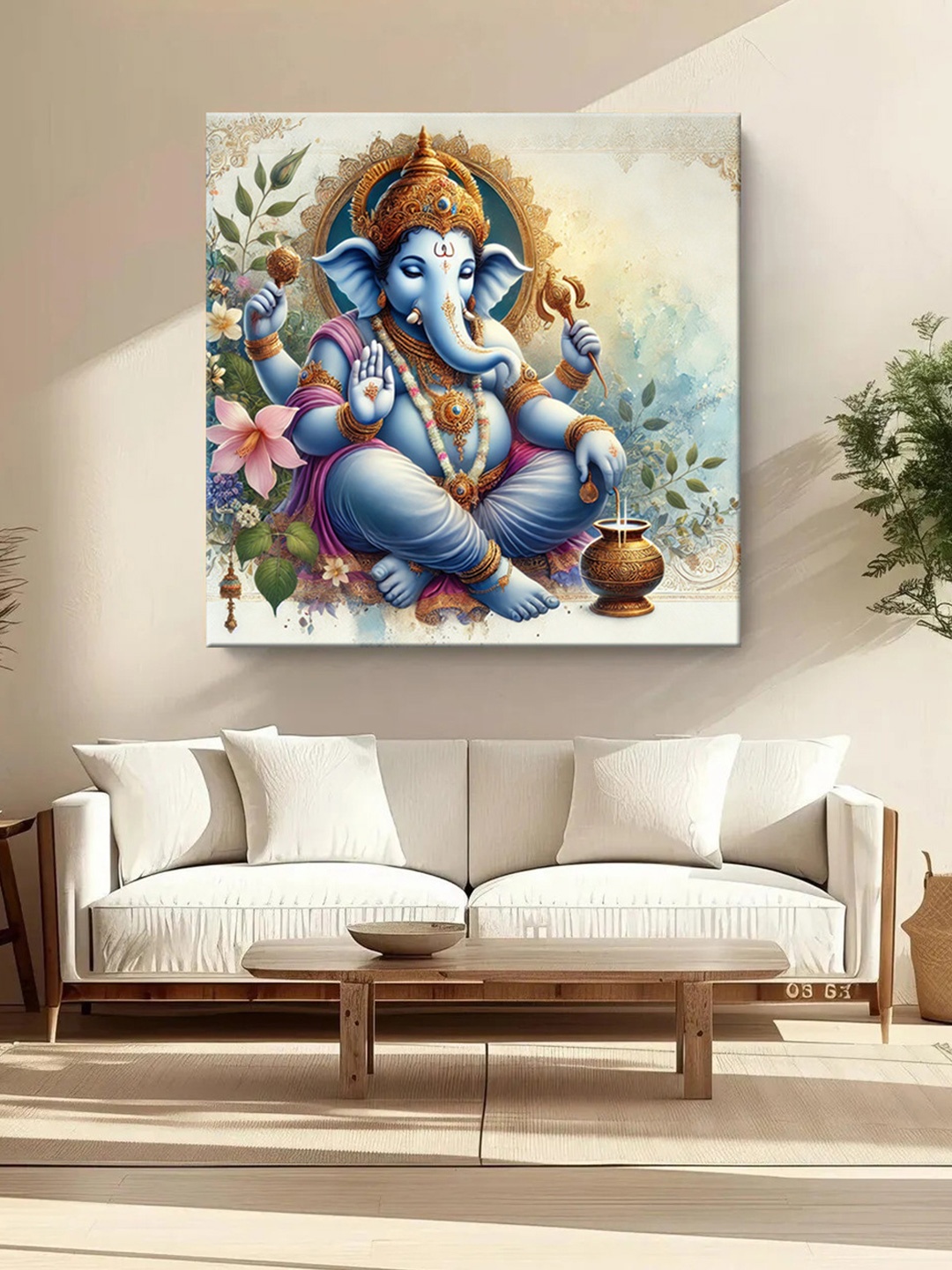 999Store Blue & Brown Lord Ganesha Canvas Religious Wall Paintings