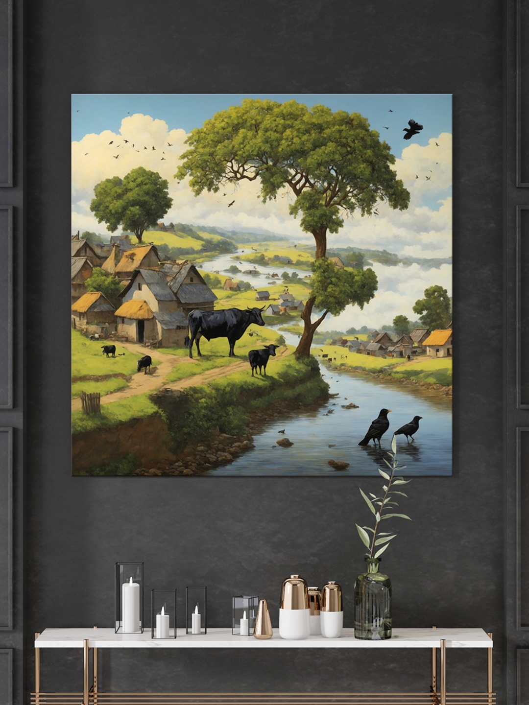 

999Store Green & Blue Village Scene Canvas Wall Paintings