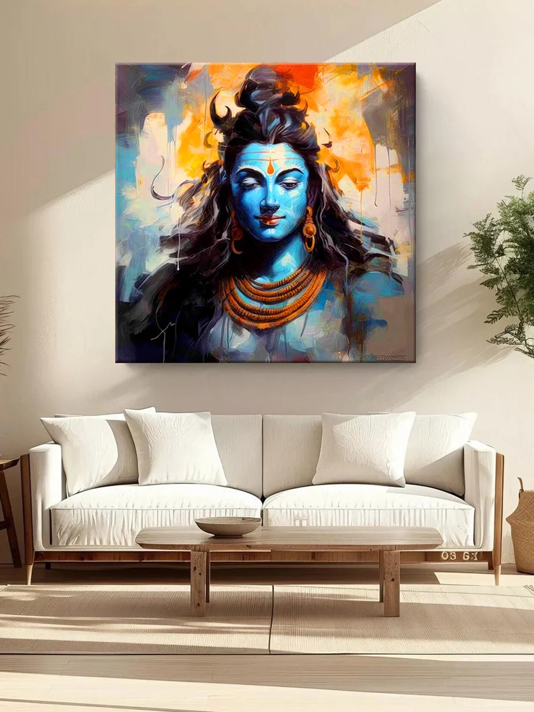 

999Store Blue & Orange Abstract Shiva Canvas Religious Wall Painting