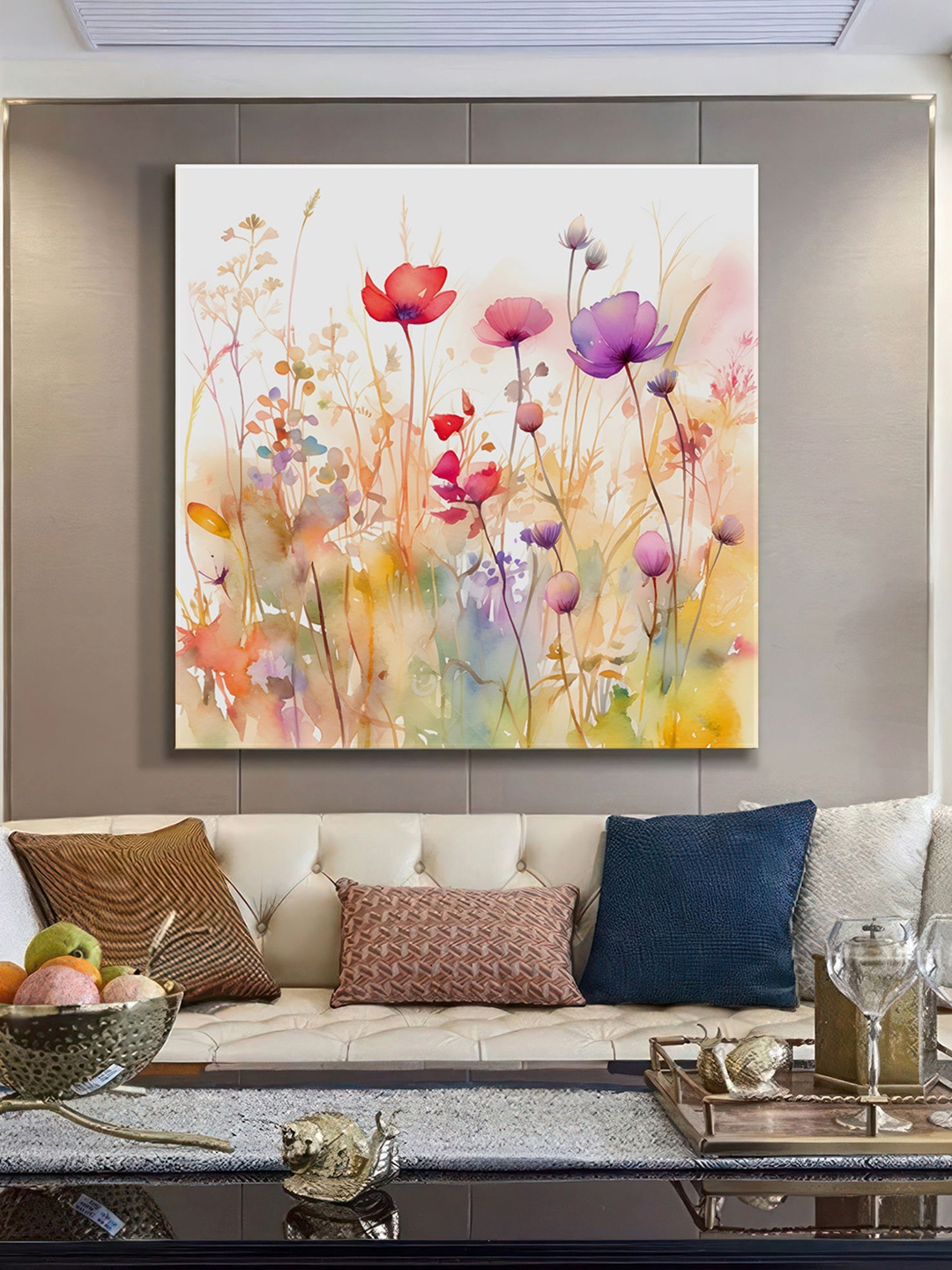 

999Store White & Red Floral Canvas Wall Paintings