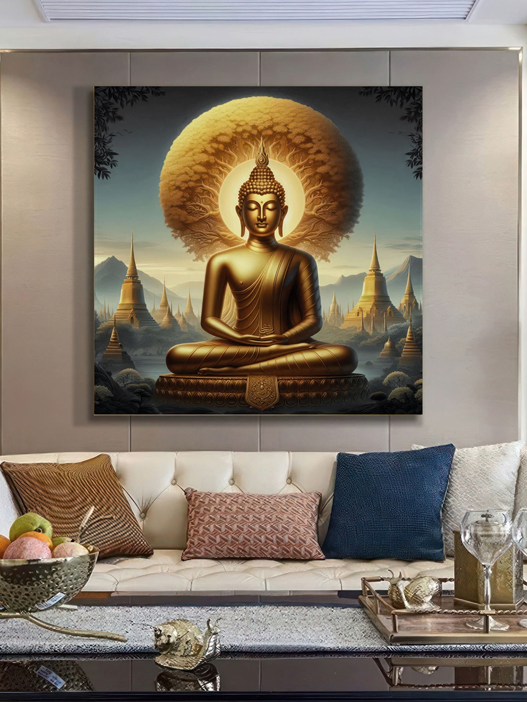 

999Store Gold-Toned & Blue Buddha Statue Canvas Religious Wall Paintings