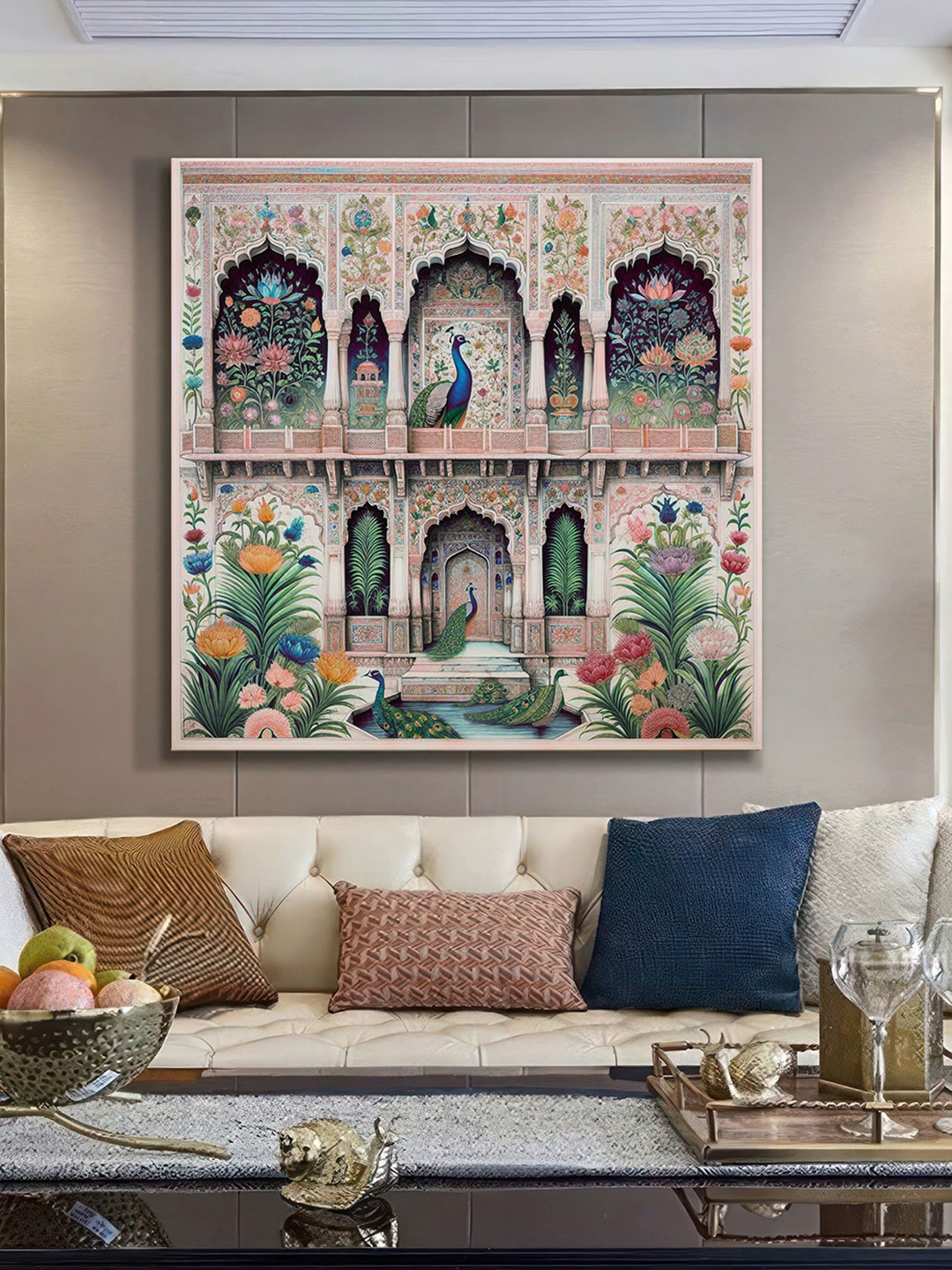 

999Store Pink & Green Floral Patterns and Elegant Peacocks Canvas Wall Paintings