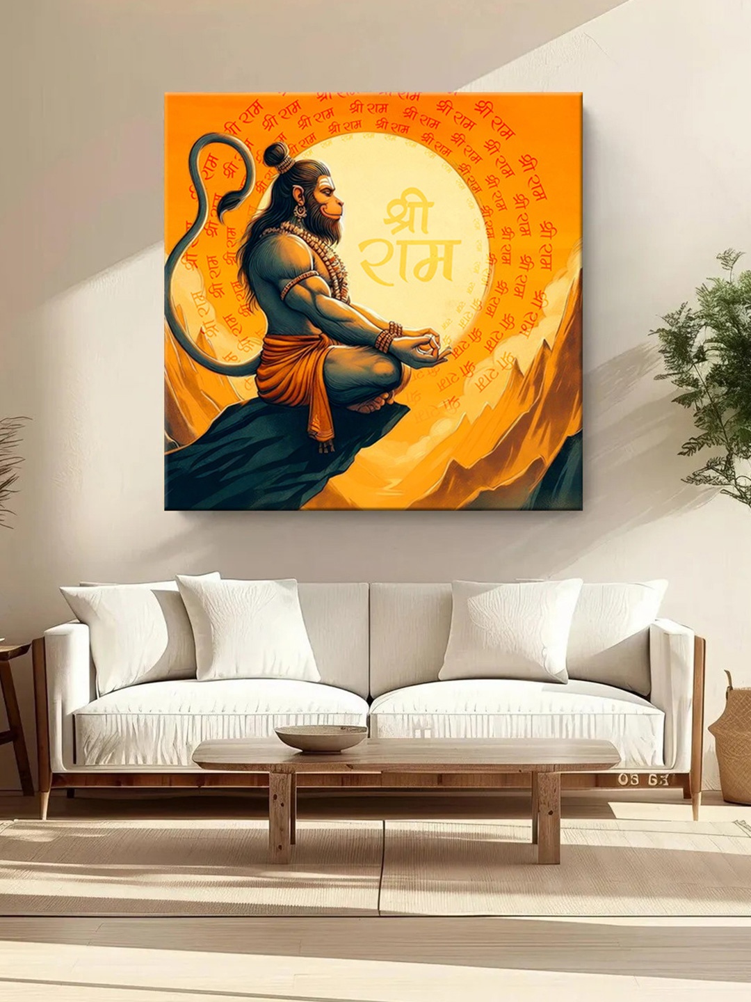 

999Store Orange Coloured & Green Lord Hanuman Canvas Religious Wall Paintings