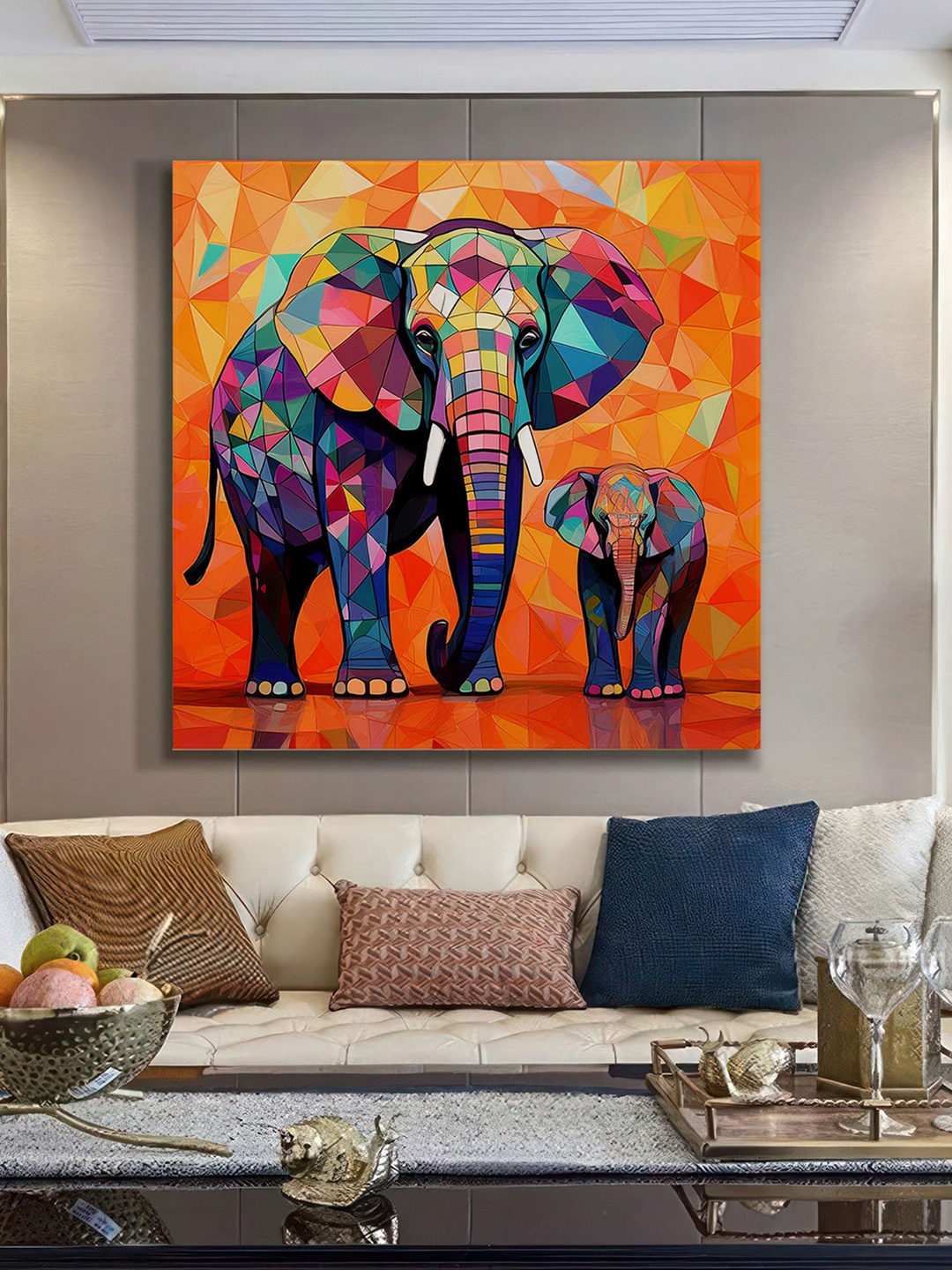 

999Store Orange & Blue Canvas Birds & Animals Wall Painting