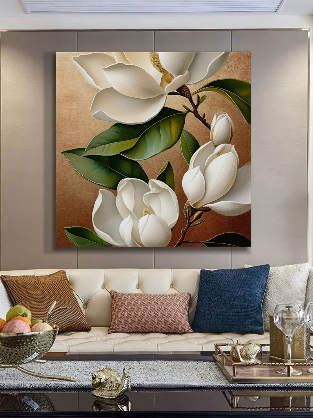

999Store White & Green Elegant Magnolia Flower Canvas Wall Paintings