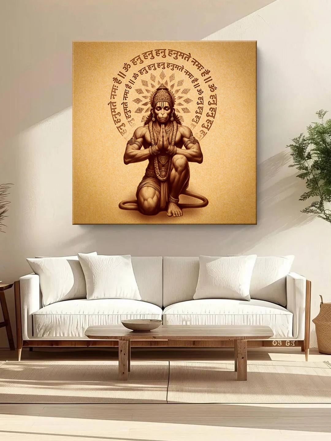 999Store Brown & Beige Lord Hanuman Canvas Religious Wall Paintings