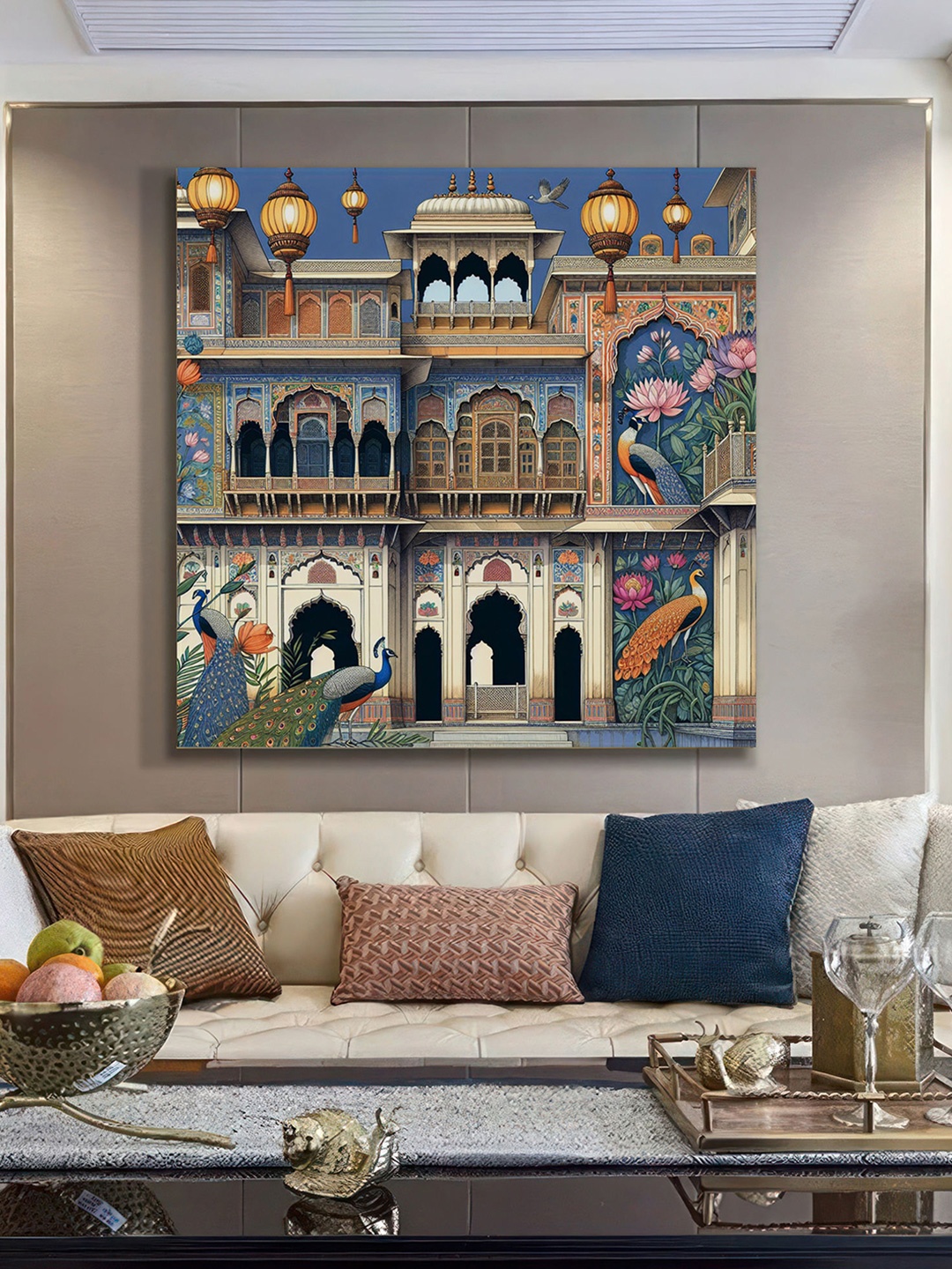 

999Store Blue & Beige Indian Palace Art Canvas Wall Paintings