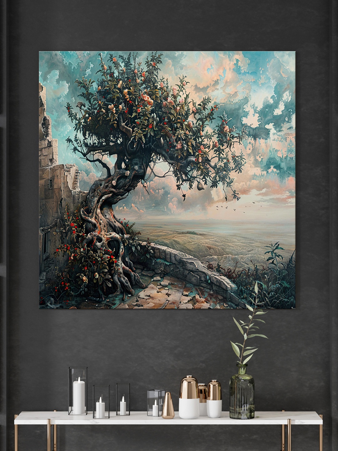 

999Store Green & Blue Abstract Printed Canvas Floral and Botanical Wall Painting