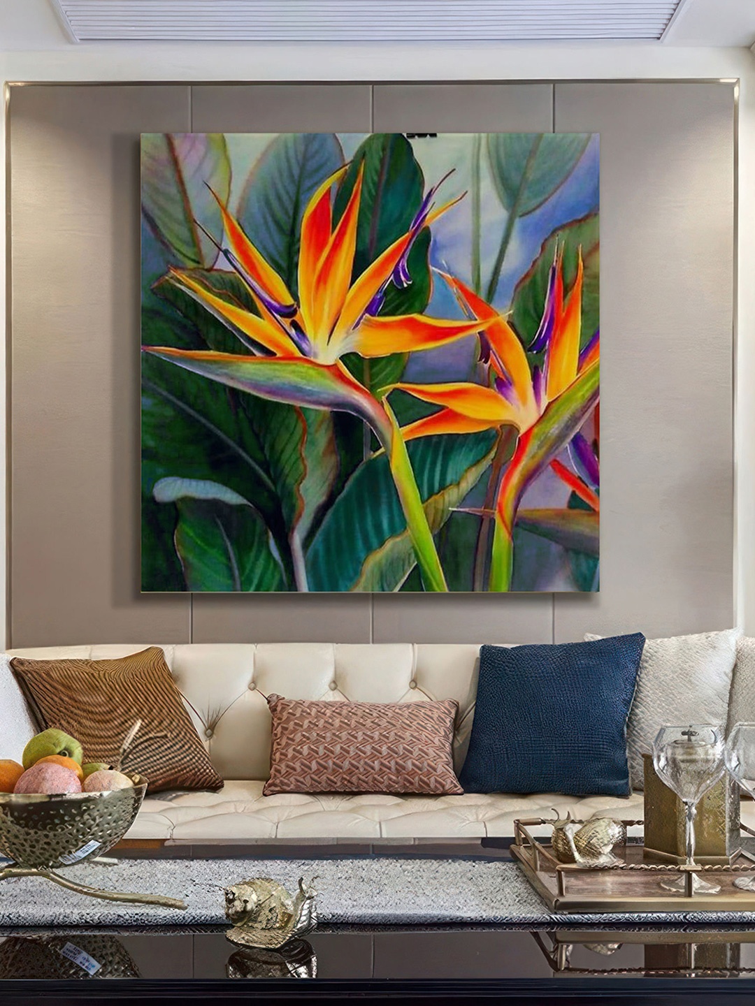 999Store Orange & Green Canvas Floral and Botanical Wall Painting