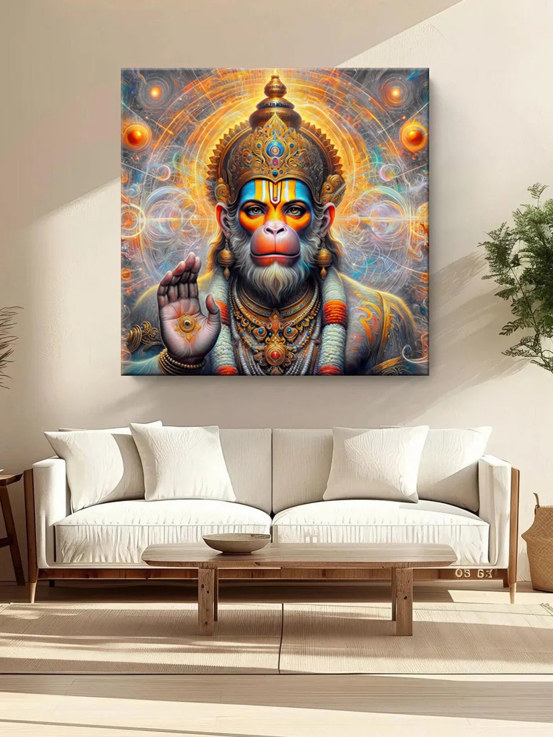 999Store Orange-Coloured & Blue Lord Hanuman Canvas Religious Wall Paintings