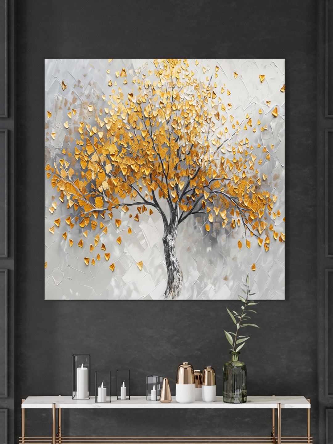 

999Store Gold-Toned & Grey Canvas Floral and Botanical Wall Painting