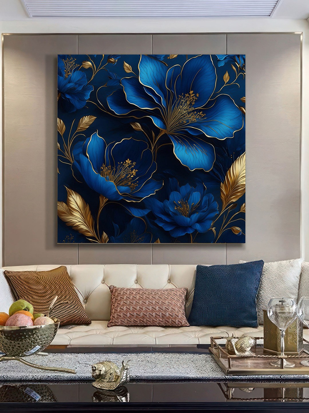 

999Store Blue & Gold-Toned Floral Printed Canvas Wall Painting