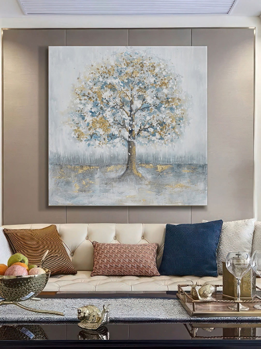 

999Store Grey & Brown Canvas Serene Tree Art Print Elegant Wall Painting