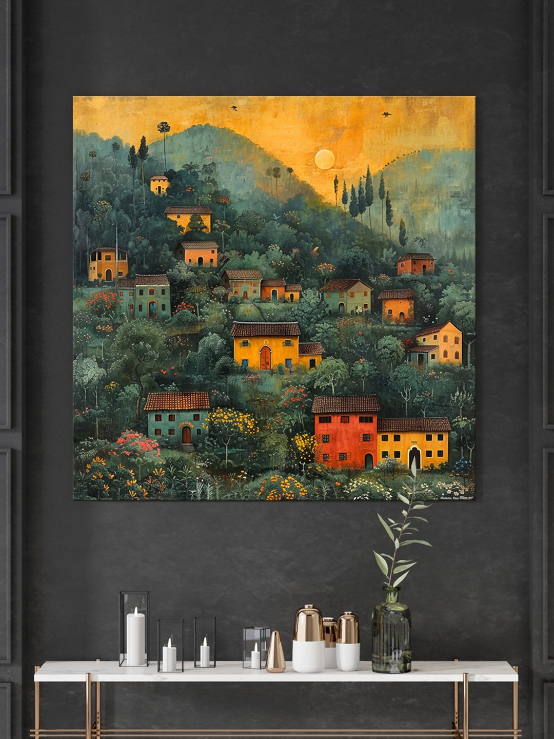 

999Store Green Canvas Village at Dawn in the Hills cluster of houses Wall Painting