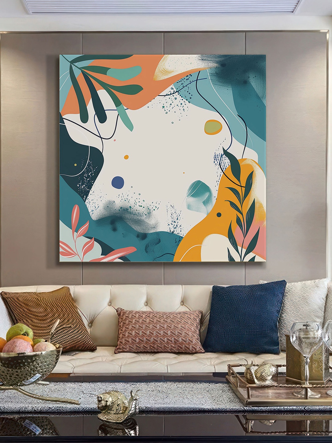 

999Store White & Turquoise Blue Canvas Abstract Printed Wall Painting