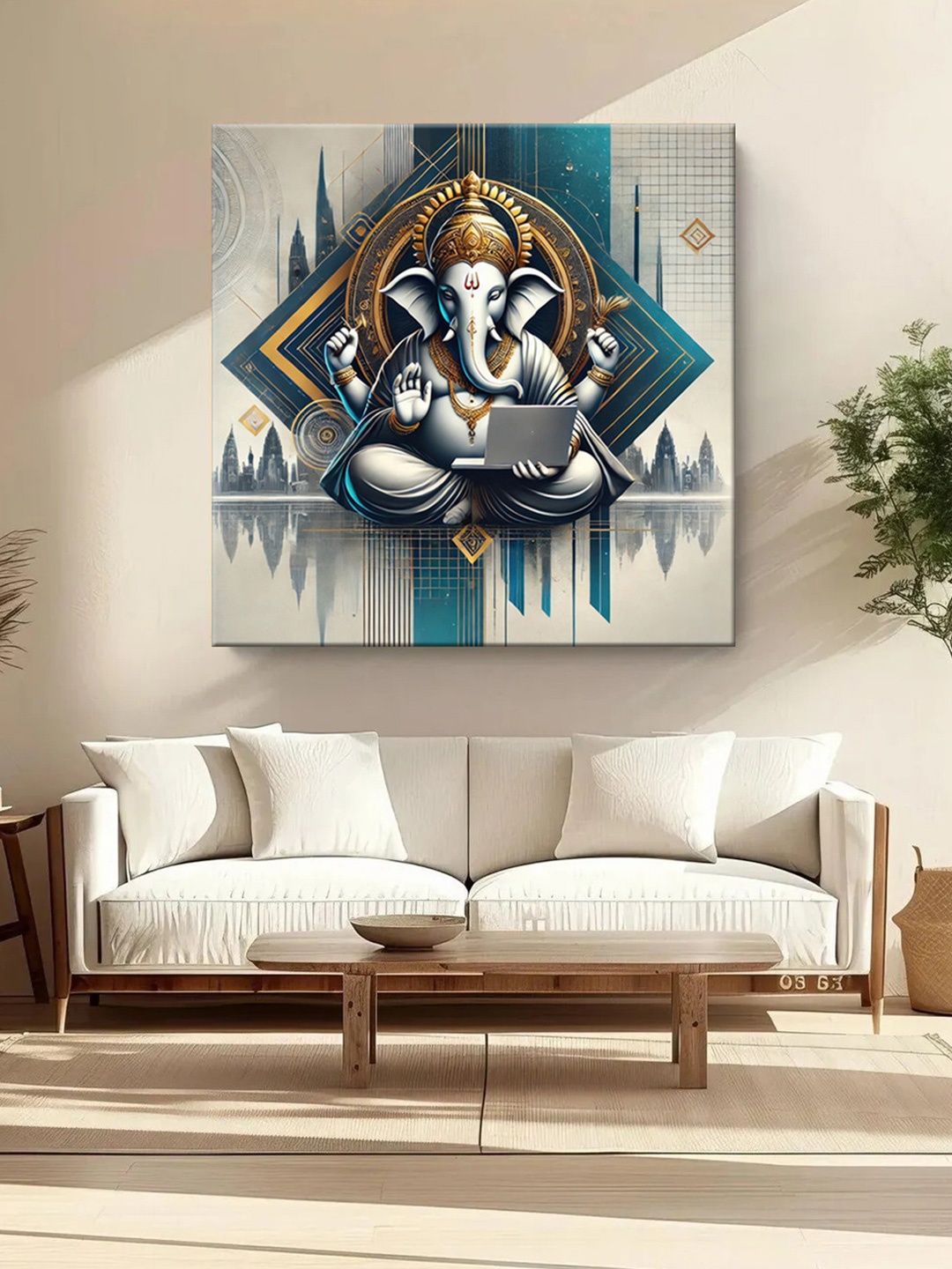 

999Store Grey & Blue Lord Ganesha Canvas Religious Wall Paintings