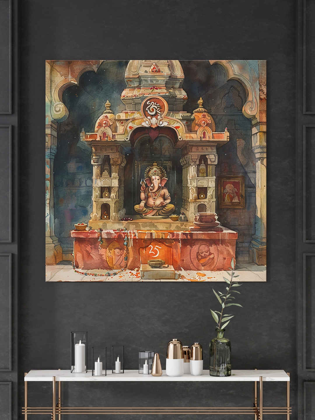 

999Store Orange Coloured & Beige Lord Ganesha Canvas Religious Wall Paintings