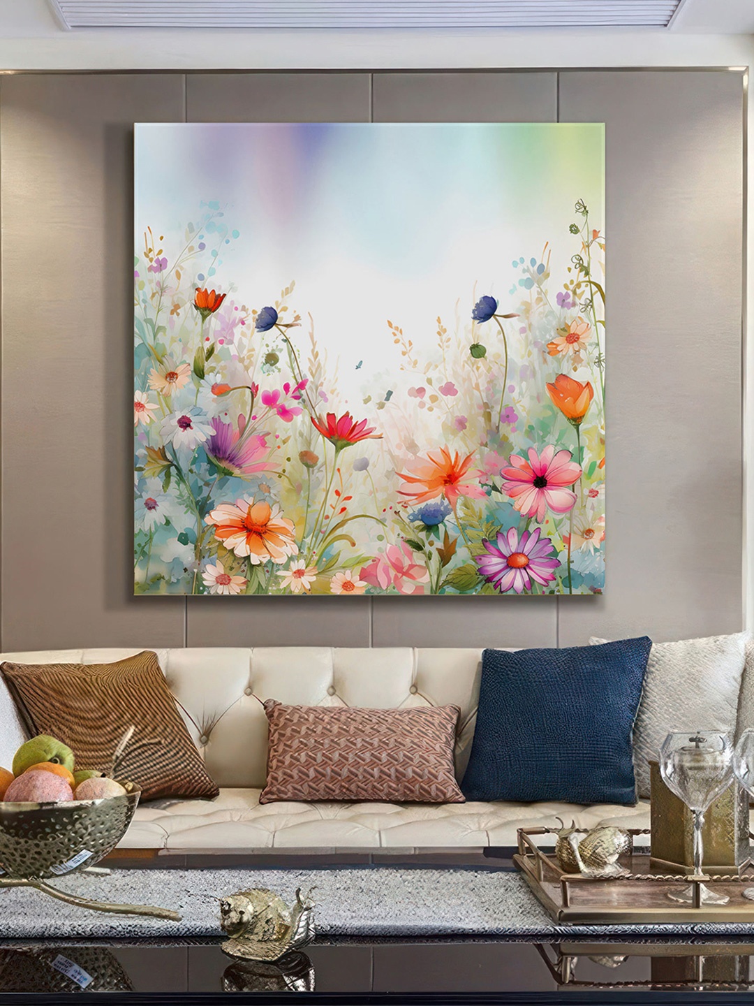 

999Store Beige & Green Canvas Floral and Botanical Wall Paintings Wall Art